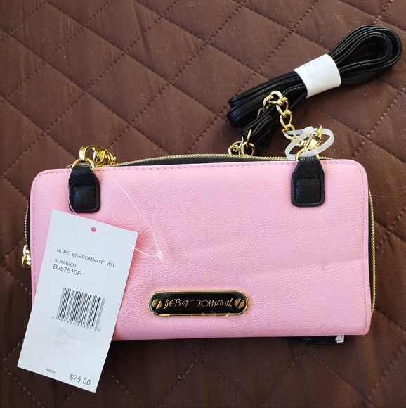 NWT Betsey Johnson Pink Crossbody Wallet/Clutch Black Polka Dot Bow - Picture 3 of 8